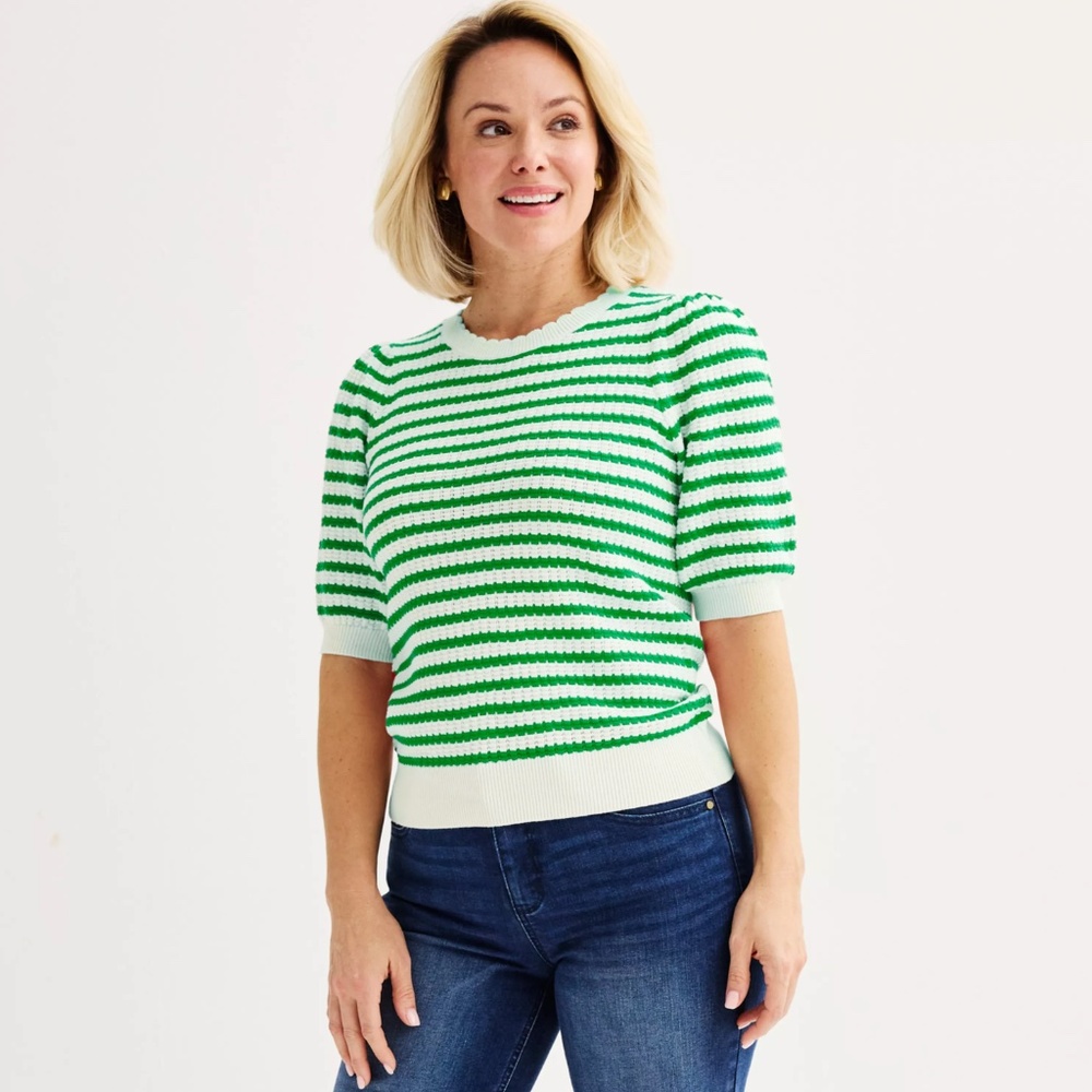 Draper James Green and White Striped Short-Sleeve Crewneck Sweater